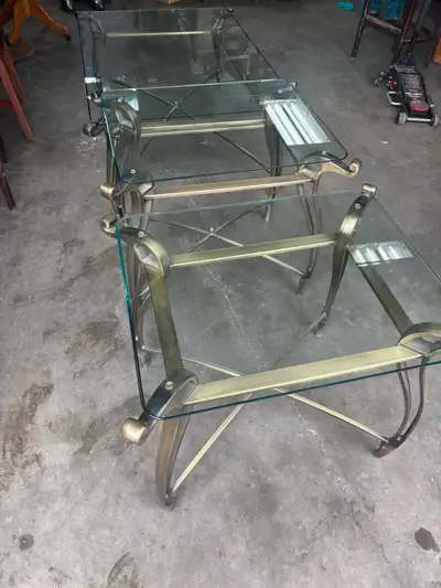 3 Piece Glass & Brass coffee Table Set, View more