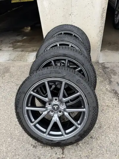 Winter tires, rims and sensors for a 2023 Tesla Model 3. Continental Viking Contact 8 tires with 8 t...
