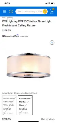 NIB Milan 3 Light 16 inch Chrome Semi Flush Mount Ceiling Light