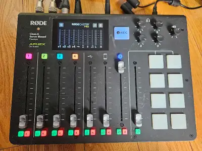 Rode RodeCaster Pro, Tascam US-4x4, and Gator Frameworks Stands, View more