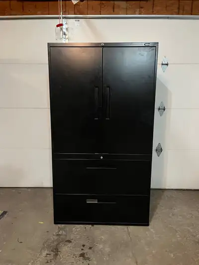 Global Two-Door - Two Drawer Multi-Storage Combo Cabinet The Top section features adjustable shelves...