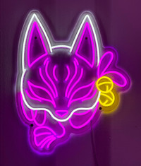 JAPANESE FOX MASK NEON SIGN, Purple and White