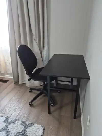 Foldable office desk and adjustable chair., View more