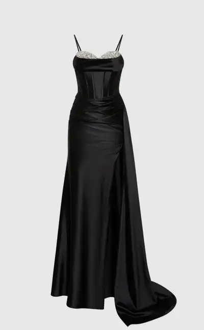 Size 2 Black Formal or Grad Rhinestone Detail Satin Dress, View more