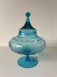 Mid Century Vintage Blue Empoli Italy Optic Glass Jar Circus Lid