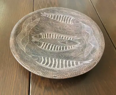 Beautiful shallow dish approximately 9 1/4” diameter and over 2 lbs. Etched fish design. Pick up in...