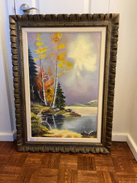 37”X27.5” large oil painting on canvas with vintage wood frame 