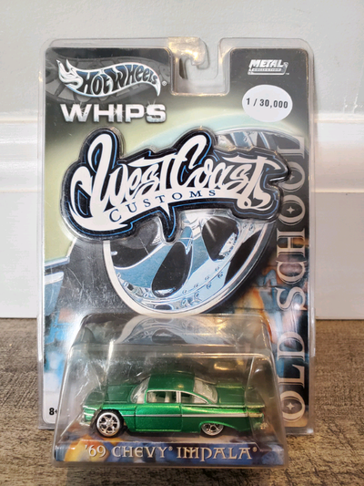 Rare BNIB C2673-0910 1:64 Diecast Hot Wheels Whips West Coast Customs 1969 Chevrolet Impala Lowrider...