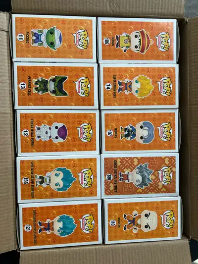 10 Dragon ball Pop vinyl Figures. A couple of the boxes have some damage from moving, however each a...