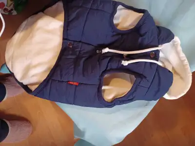 Blue puff jacket for dogs with fleece lining and hood, View more