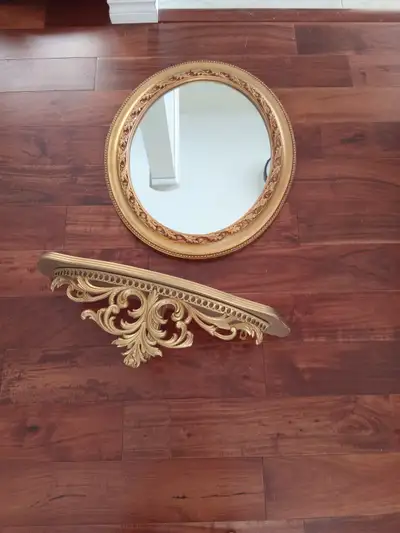 Vintage Ornate Oval Gold Gilt Framed Mirror w Shelf Sconce, View more