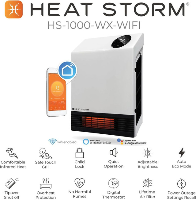 (NEW) Heat Storm 1000W Heater Wall Mount WIFI Touchscreen White in Heaters, Humidifiers & Dehumidifiers in City of Toronto - Image 2