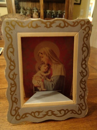 Ancienne Image Sainte Cadre en carton Vierge Marie et l'enfant