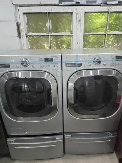 OAKVILLE! - LG 27" Grey Frontload Washer Dryer W/Pedestals, View more