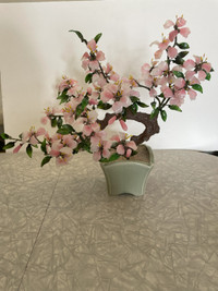 Vtg Chinese Light Pink Jade Stone Glass Bonsai Flower Tree