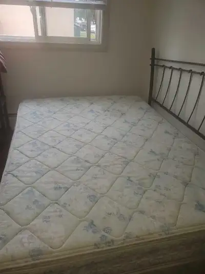 Queen size bed- mattress, boxspring, frame, and headboard piece, View more