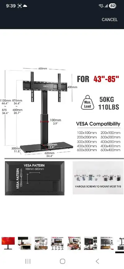 AOKCOS Universal Swivel TV Stand for 43-85 inch TVs | 8-Level Height Adjustable Table Top Stand with...