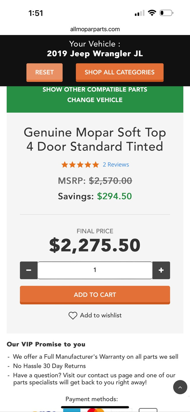 Genuine Mopar Jeep Soft  Top, 4 Door standard tinted in Other in Hamilton - Image 2