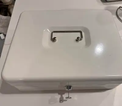 White Metal Cash Box with Key and money tray, View more