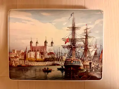 $25 for this impressive vintage biscuit tin that was made in Great Britain and labelled “12 MB Conta...