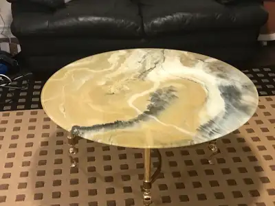 35” round glass table top Gold base fixture Created by hand 18” high