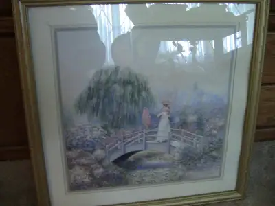 Woman in white dress walking on bridge- Framed Painting, View more