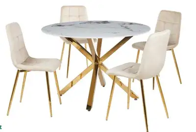 Round Marble Dining Table with Gold Base & 4 Beige Leather New, View more