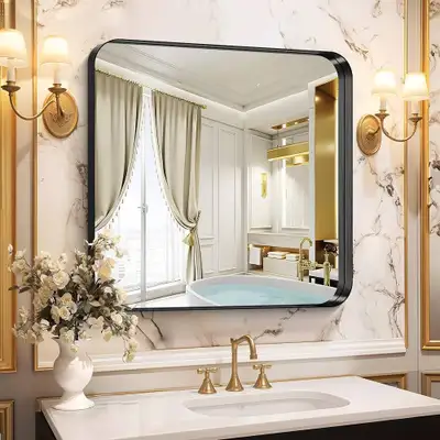30"x30", Large Square Wall Mirror with Black Aluminum Frame Rou, View more