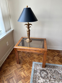 Small glass coffee table and lamp