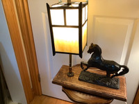 Vtg Arts & Crafts Slag Glass Brass and Metal Horse Lamp