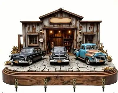*NEW* 2-D FLAT WOODEN SLAT RETRO GARAGE KEYCHAIN HOLD, View more