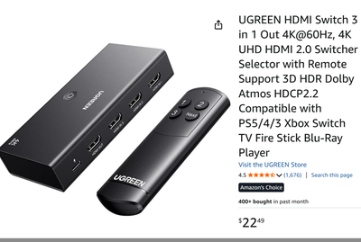 UGREEN HDMI Switch 3 in 1 Out 4K@60Hz, 4K UHD HDMI 2.0 Switcher, View more