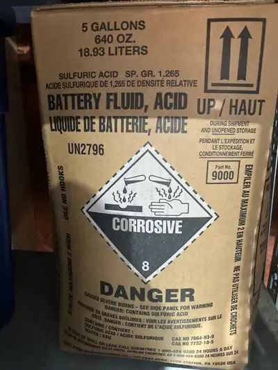 5 gallons of battery acid Perfect for small engine batteries.