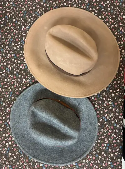 Brand Name - Free People Grey Wool Cowboy Hat with brown leather strap around base Tan Wool Cowboy H...