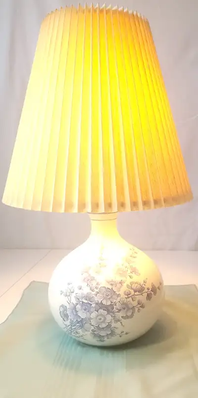 Ceramic Floral Table Lamp with Pleated Shade Blue and White 70s, View more