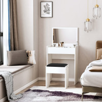 Vanity Table Set with Flip Top Mirror and Cushioned Stool