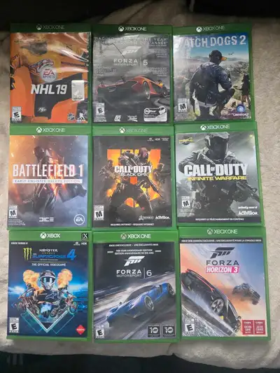 NHL 19 - 10$ Forza 5 - 25$ sold Watch dogs 2 - 10$ Battlefield 1 - 10$ Call of duty ( black ops ) -...