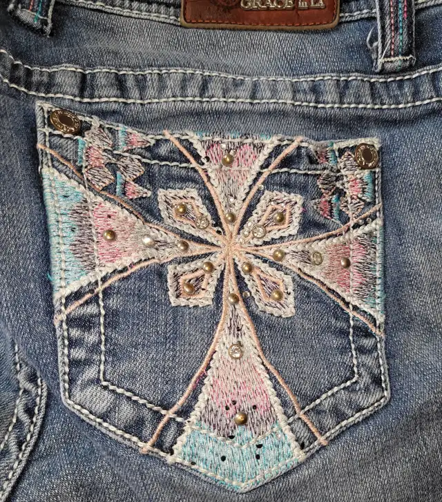 Grace in LA denim embroddiered jeans/ 94 Harley San Fransisco in Arts & Collectibles in Red Deer - Image 5