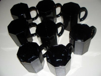 8 Vintage Black Arcoroc Glass Octagon Coffee Mugs