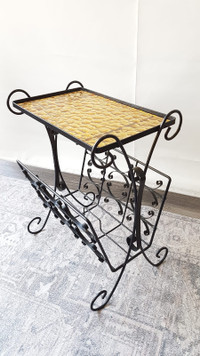 Vintage MCM Black Wrought Iron Amber Glass Side Table