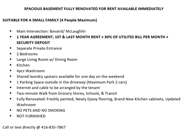 Spacious Basement Fully Renovated for Rent Available Immediately