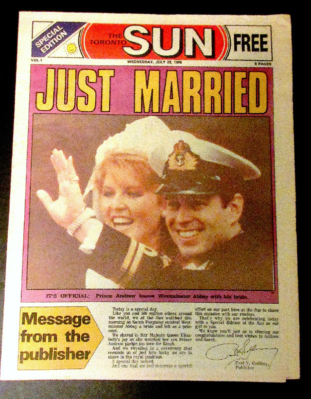 Toronto Sun Newspaper (July 23, 1986) Prince Andrew & Fergie Wed in Arts & Collectibles in Stratford