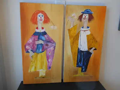 TABLEAU-TOILE-PEINTURE-VINTAGE-CLOWNS-L.ST-PIERRE, View more