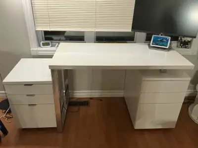 Purchased from Structube, white office desk with separate side cabinet,, desk 47 1\4 inches wide, 23...