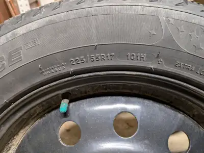 Set of 4 Michelin Winter Tires 225/55 R17 on 5 x 100 bolts pattern steel rims. 5/32" thread depth, t...