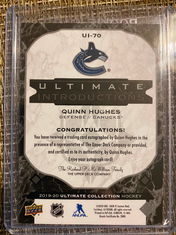 Quinn Hughes Onyx Black Auto /10 in Arts & Collectibles in Downtown-West End - Image 2
