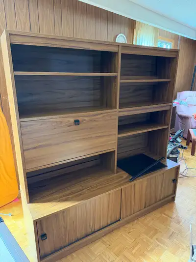 1970s MCM Walnut Wall Unit – Glass Display / Bar Cabinet, View more