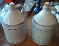 2 "Moonshine" Jugs/Crocks, Striped Beige/Blue Stoneware Pottery