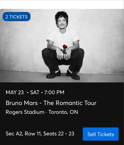May 23 Bruno Mars The Romantic Tour - 2 Floor Tickets (A2 Row11), View more