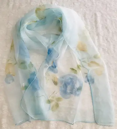 Elegant Silk Oblong Scarf Wrap Hand-printed Peony Gradient, View more